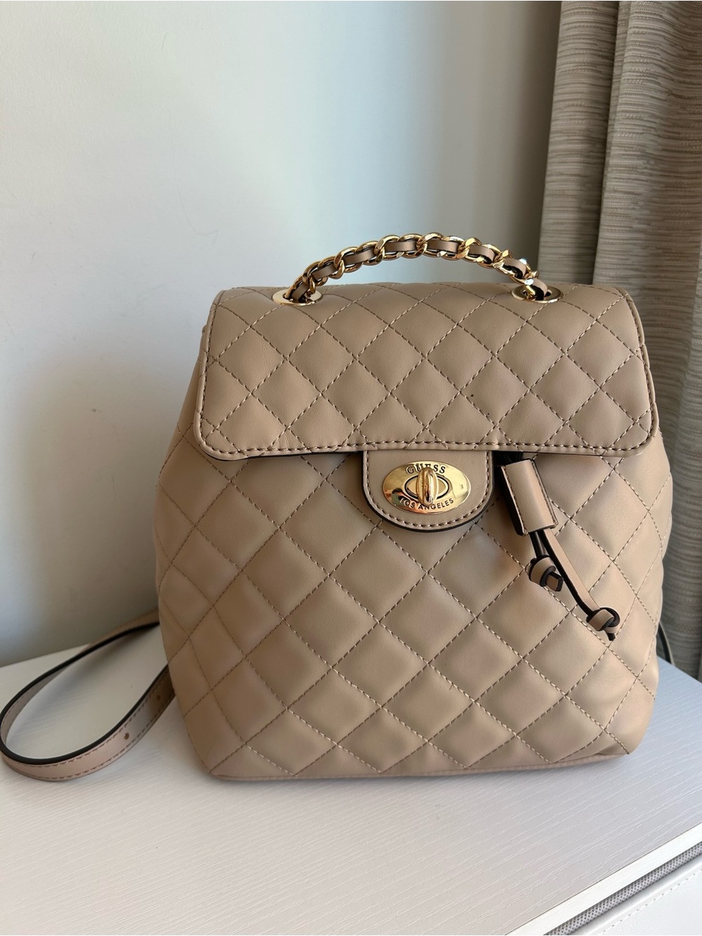 NWT Guess Quilted Backpack Beige Gold Chain